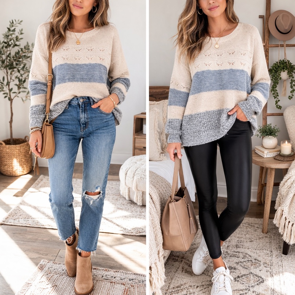 By Together Cream and Gray Striped Sweater